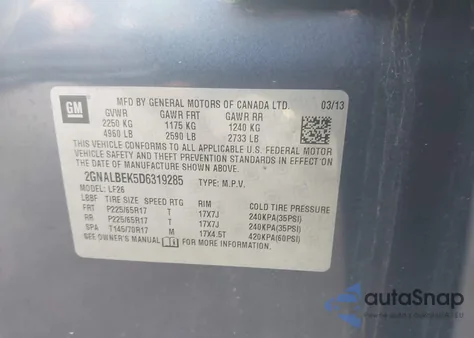 2013 Chevrolet Equinox Ls из США, поврежденный, VIN 2GNALBEK5D6319285